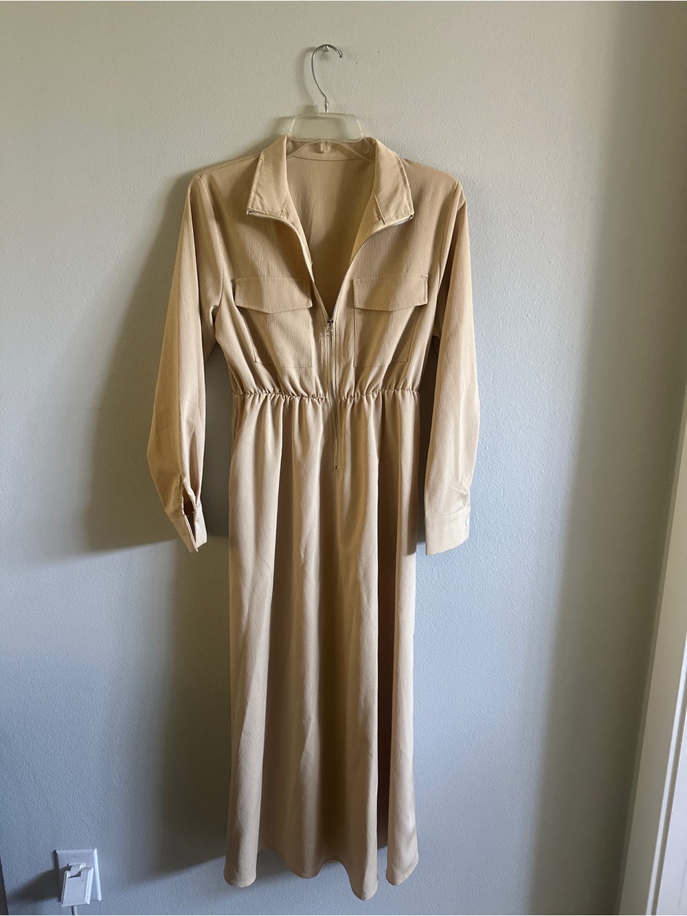 SHEIN Beige/Taupe Long Sleeve Zip-Front Midi Dress